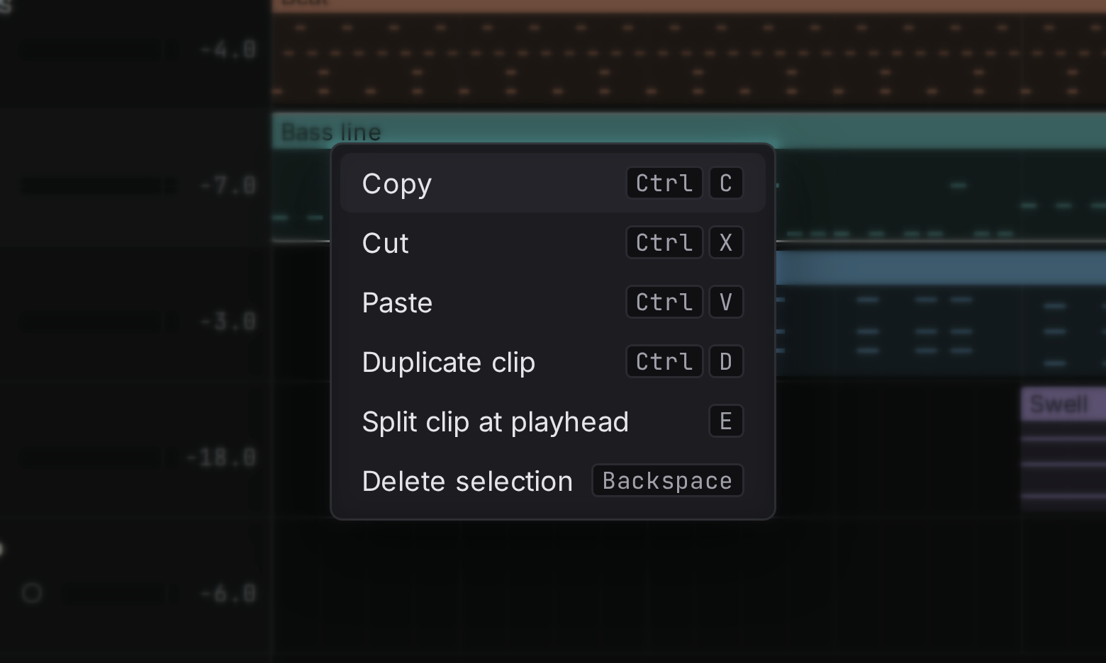 The menu on a right-clicked clip