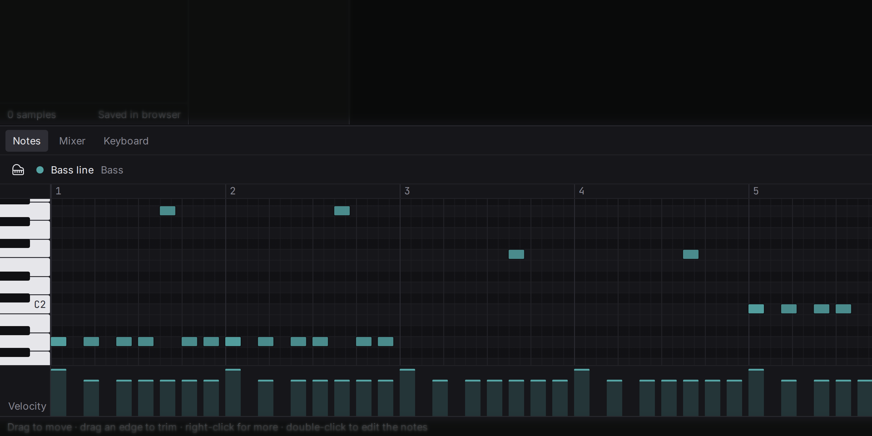 The note editor with the velocity lane below